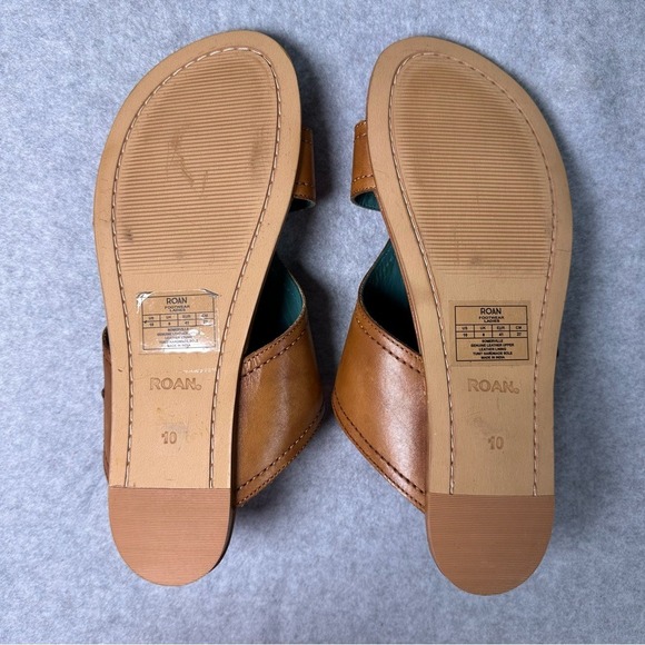 Roan Somerville Tan Leather Slide Sandals Womens 10 Flat Boho Teal Lining - Picture 3 of 12